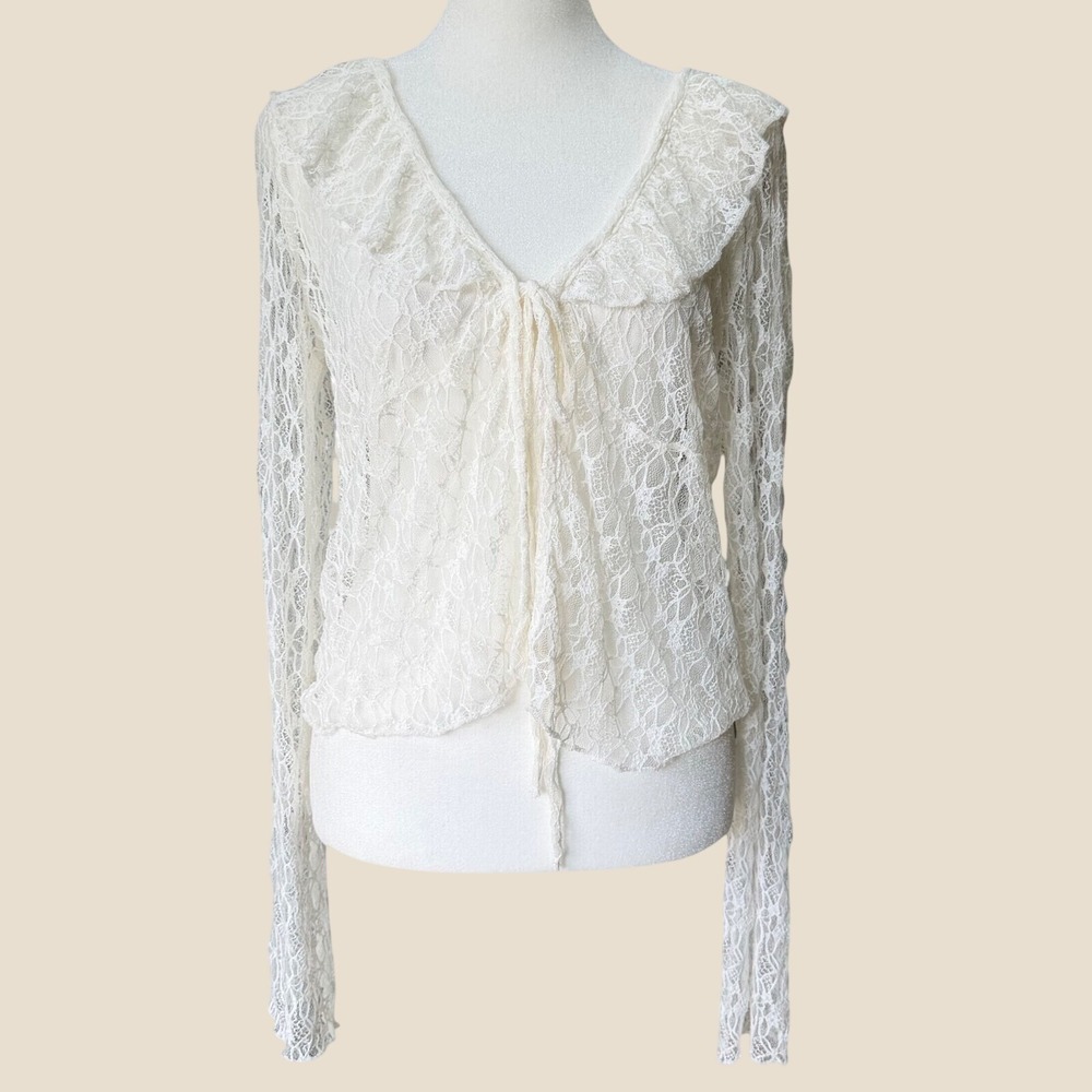 Ivory Sheer Floral Lace Ruffle Tie Front Top Cardigan M NWT Romantic Boho Fairy